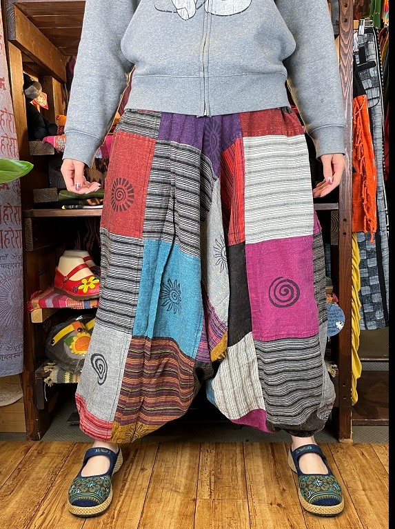 エスニック サルエルパンツ パッチワーク チベット模様 ストライプ ヴィンテージ風 ユーズド感 ファッション アジアン レディース メンズ  ユニセックス (3)